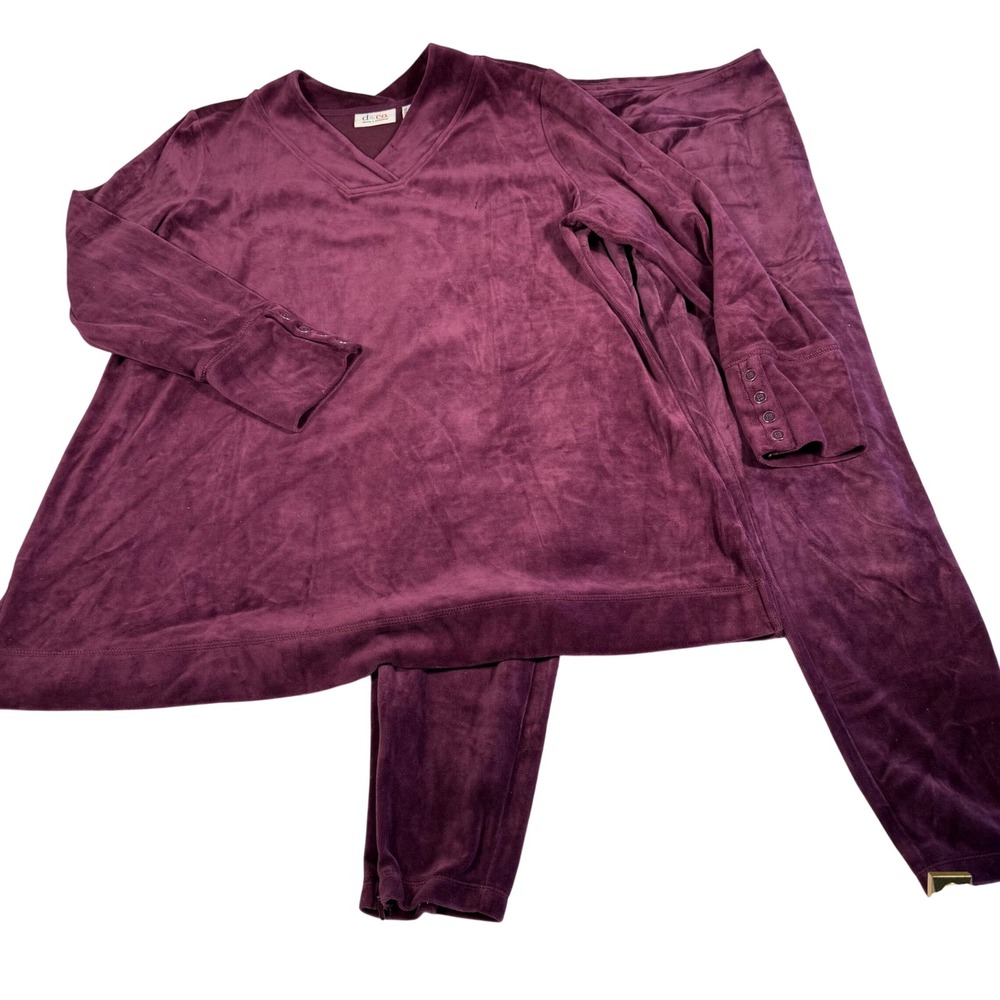 D&Co Active Womens Plum Velour Set Tunic Top M‎ Pants L Comfy Cozy Loungewear